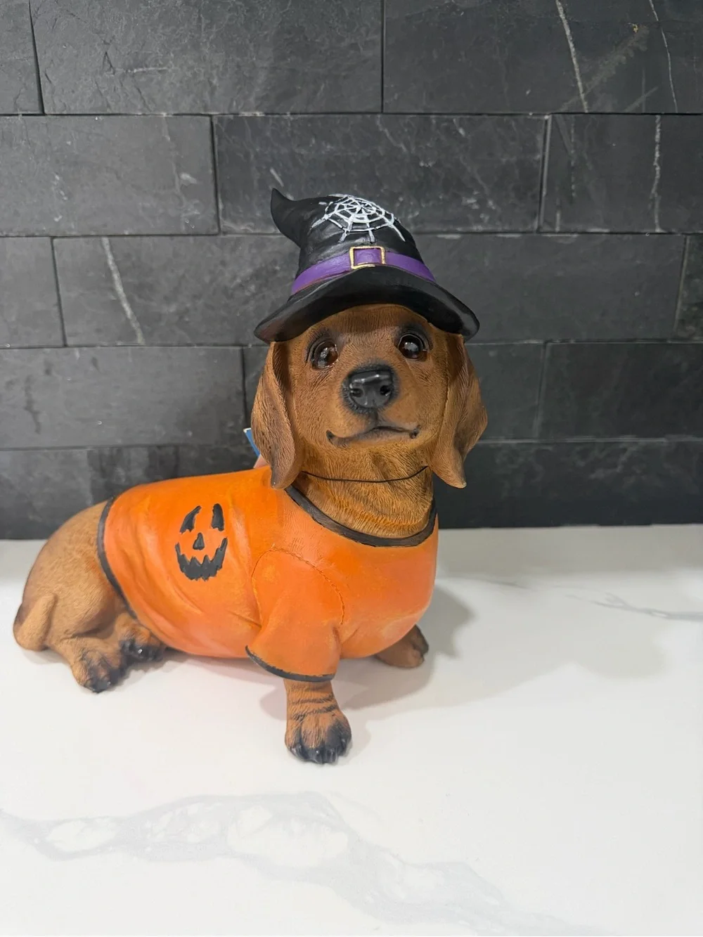 Halloween Dachshund Dog Figurine in Orange Sweater and Black Witch Hat